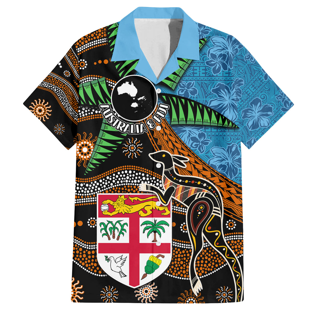 Fiji and Australia Family Matching Off The Shoulder Long Sleeve Dress and Hawaiian Shirt Fijian and Aboriginal mix Culture LT03 Dad's Shirt - Short Sleeve Blue - Polynesian Pride