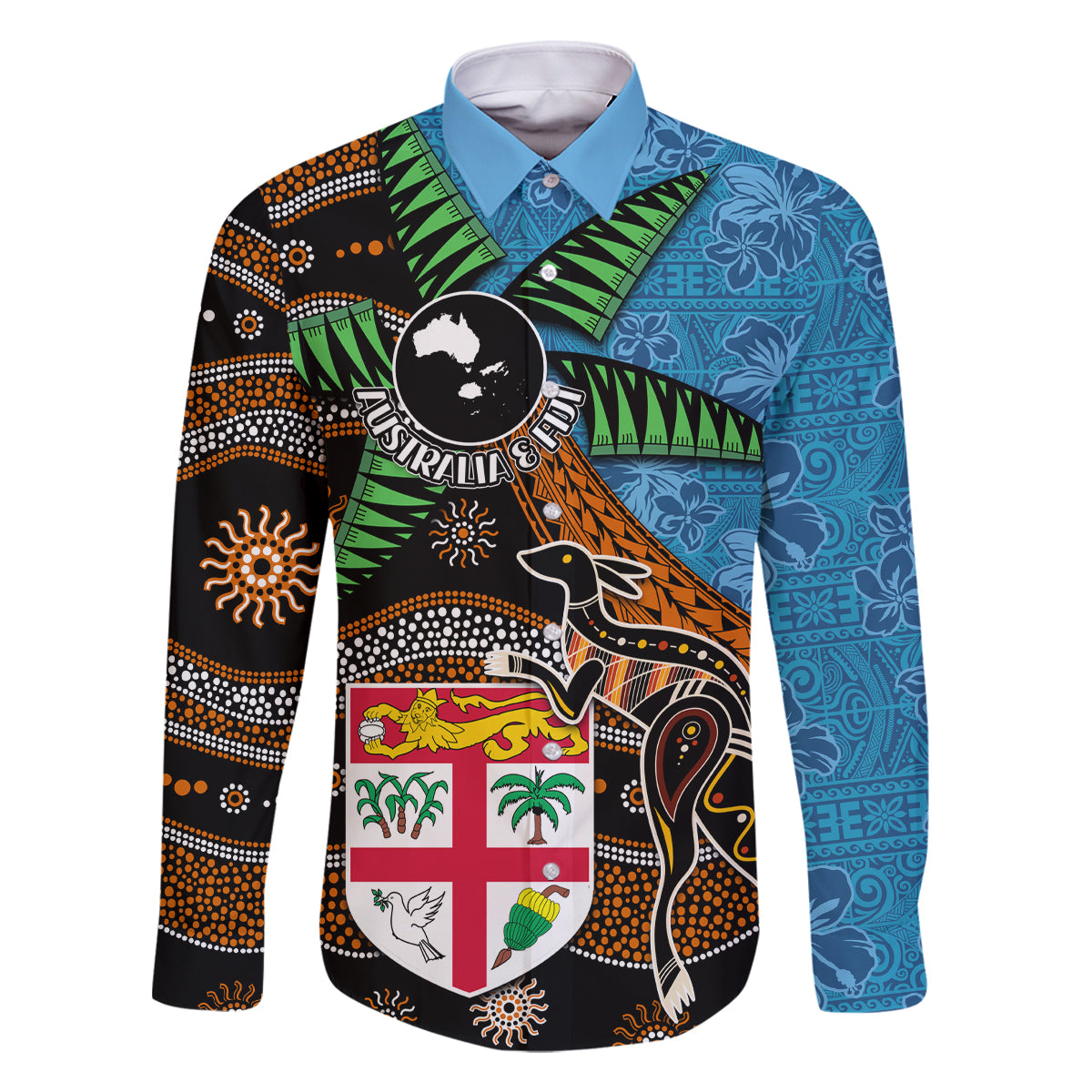 Fiji and Australia Family Matching Off The Shoulder Long Sleeve Dress and Hawaiian Shirt Fijian and Aboriginal mix Culture LT03 Dad's Shirt - Long Sleeve Blue - Polynesian Pride