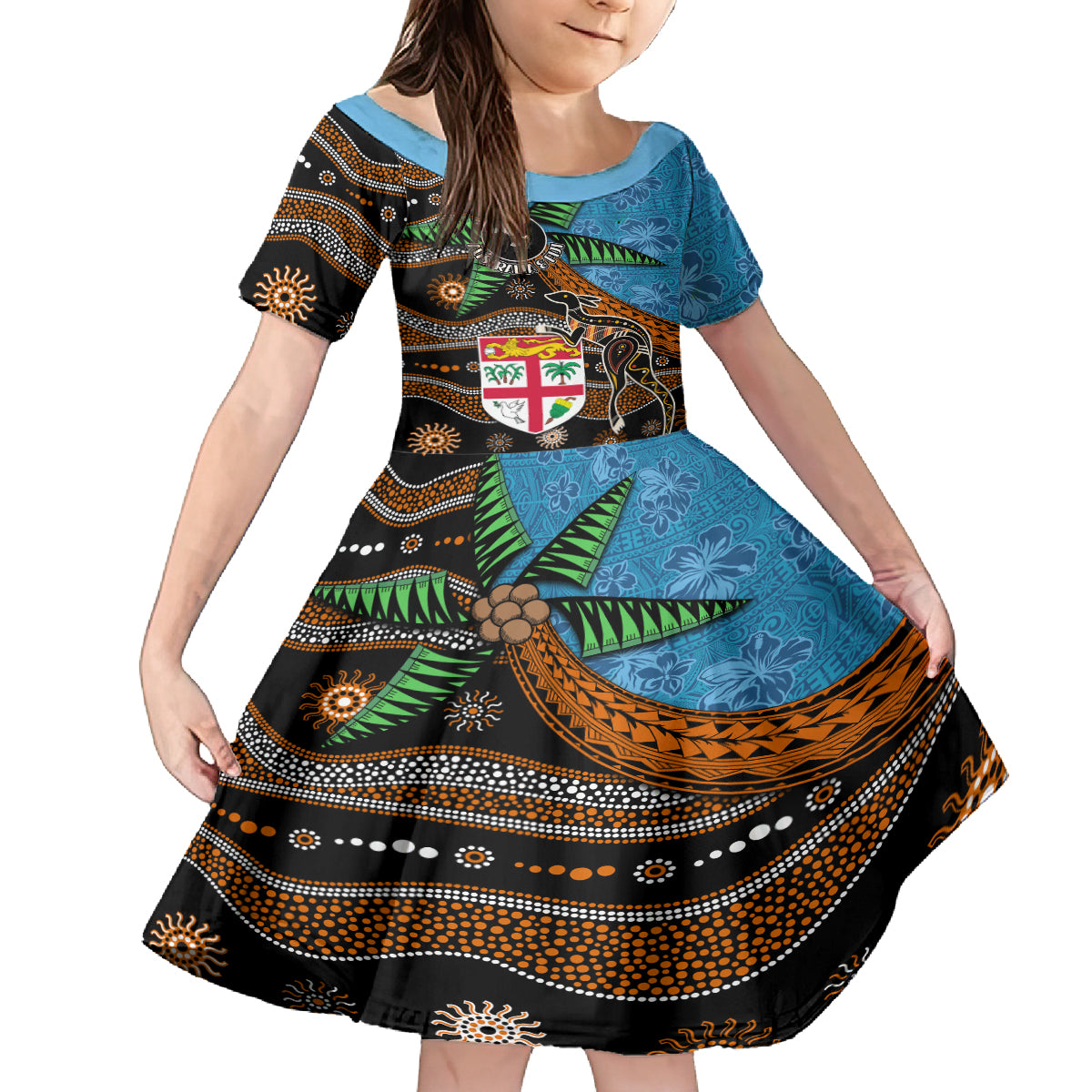 Fiji and Australia Family Matching Puletasi and Hawaiian Shirt Fijian and Aboriginal mix Culture LT03 Daughter's Dress Blue - Polynesian Pride