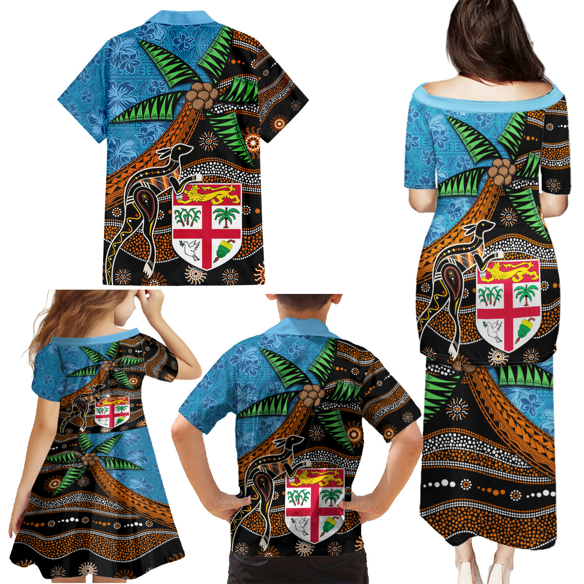 Fiji and Australia Family Matching Puletasi and Hawaiian Shirt Fijian and Aboriginal mix Culture LT03 - Polynesian Pride