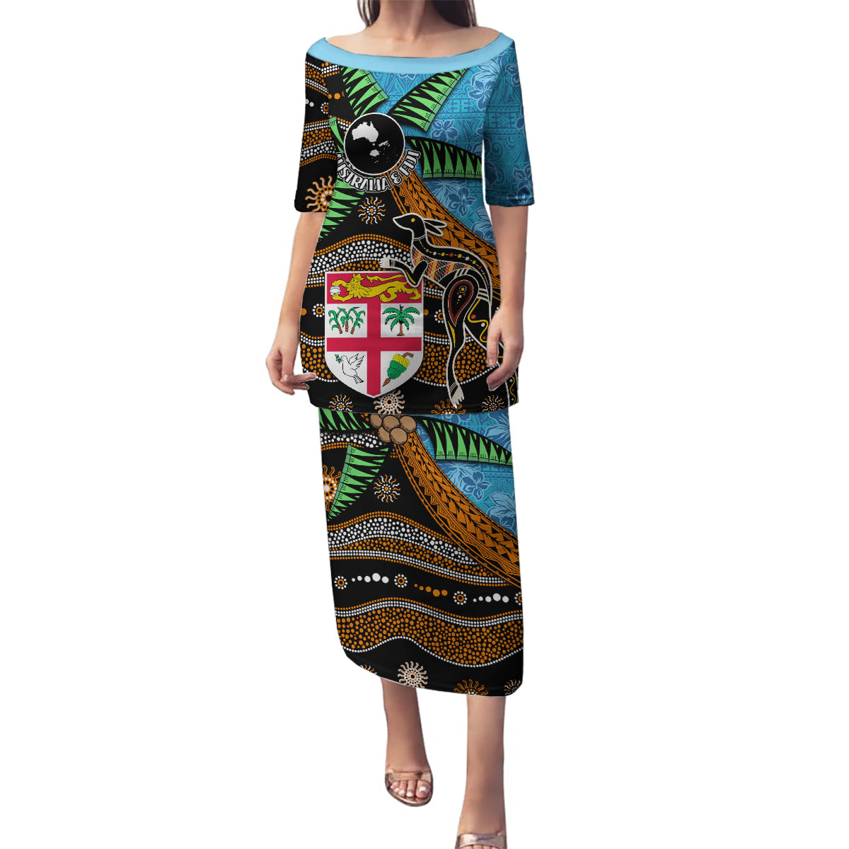 Fiji and Australia Family Matching Puletasi and Hawaiian Shirt Fijian and Aboriginal mix Culture LT03 Mom's Dress Blue - Polynesian Pride