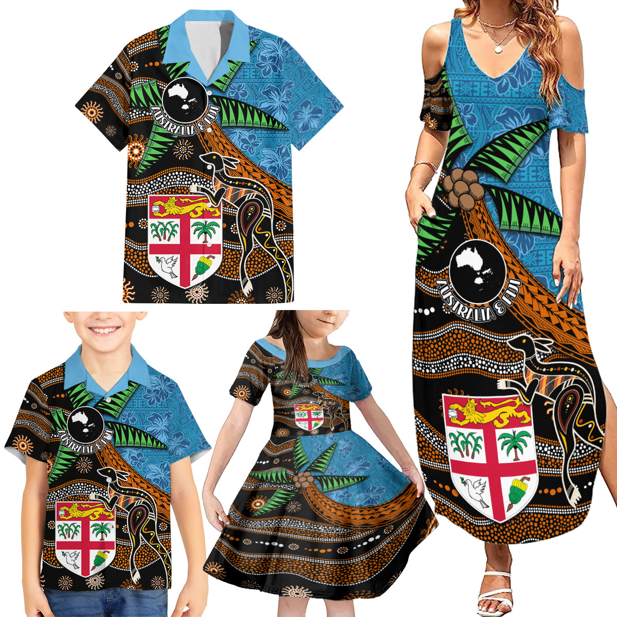 Fiji and Australia Family Matching Summer Maxi Dress and Hawaiian Shirt Fijian and Aboriginal mix Culture LT03 - Polynesian Pride