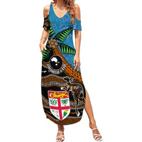 Fiji and Australia Family Matching Summer Maxi Dress and Hawaiian Shirt Fijian and Aboriginal mix Culture LT03 Mom's Dress Blue - Polynesian Pride