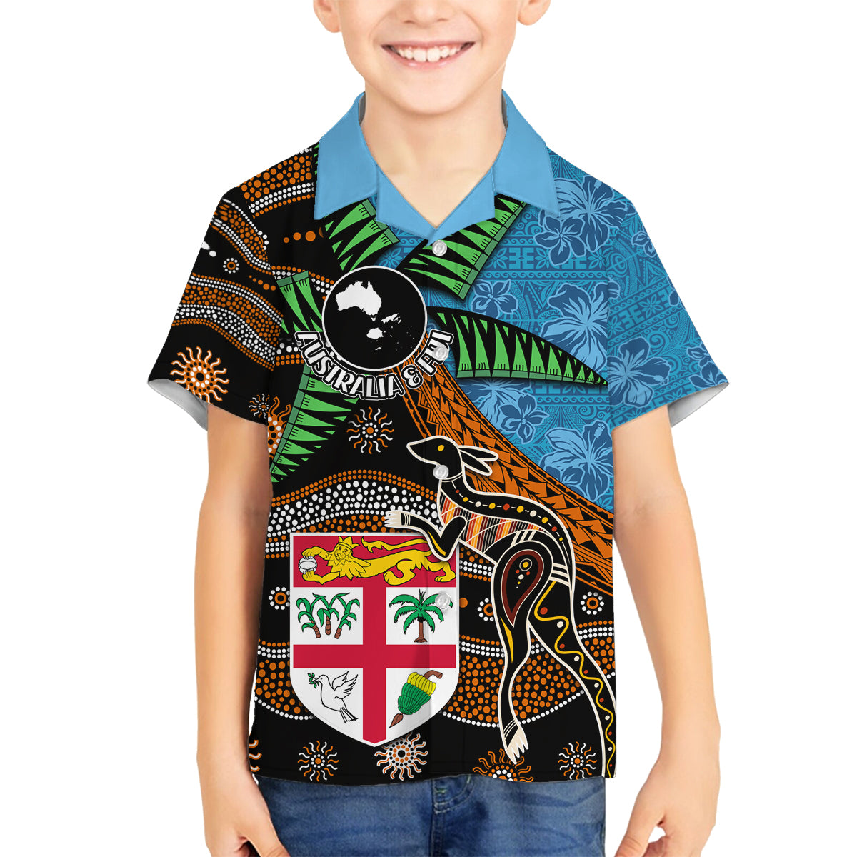 Fiji and Australia Family Matching Summer Maxi Dress and Hawaiian Shirt Fijian and Aboriginal mix Culture LT03 Son's Shirt Blue - Polynesian Pride