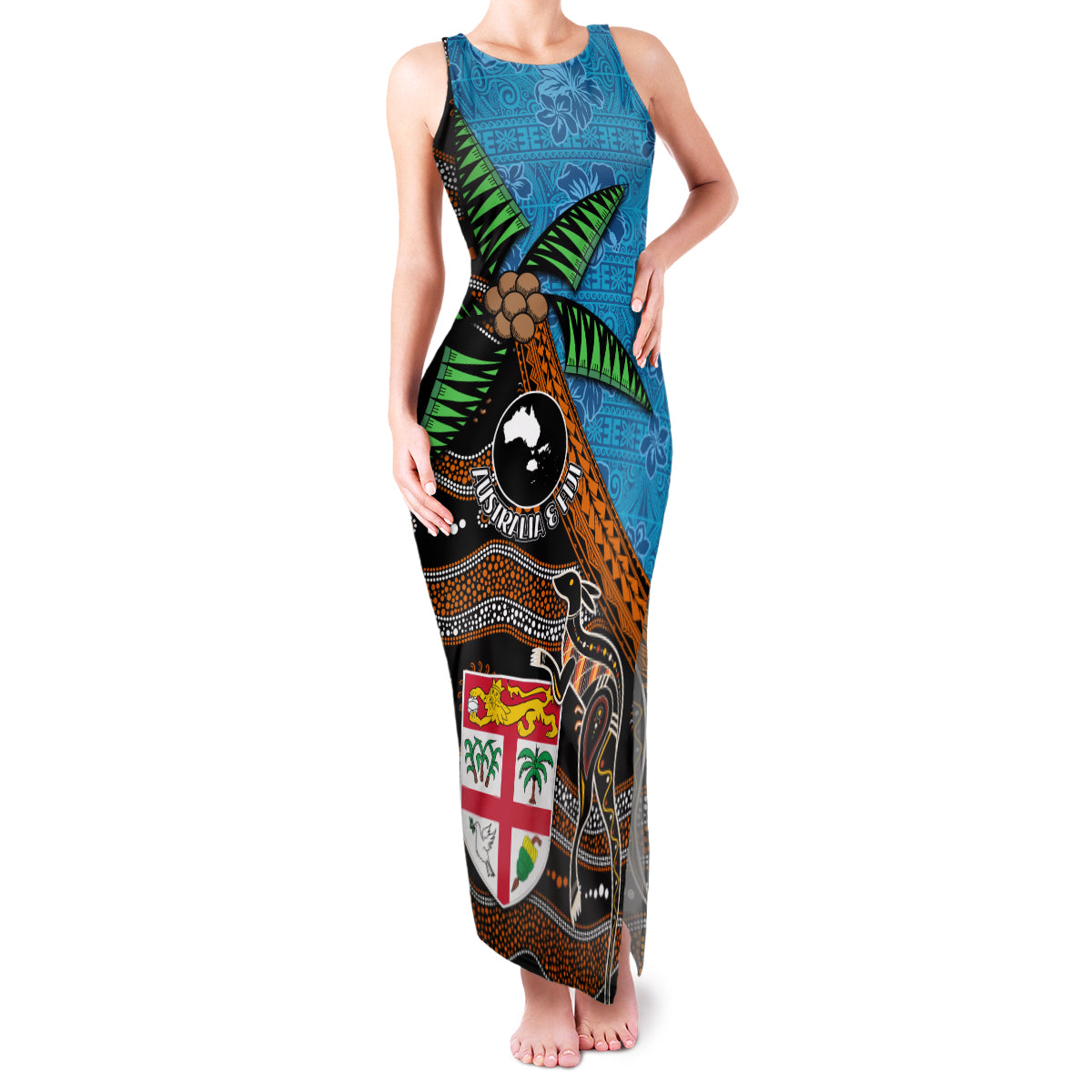 Fiji and Australia Family Matching Tank Maxi Dress and Hawaiian Shirt Fijian and Aboriginal mix Culture LT03 Mom's Dress Blue - Polynesian Pride