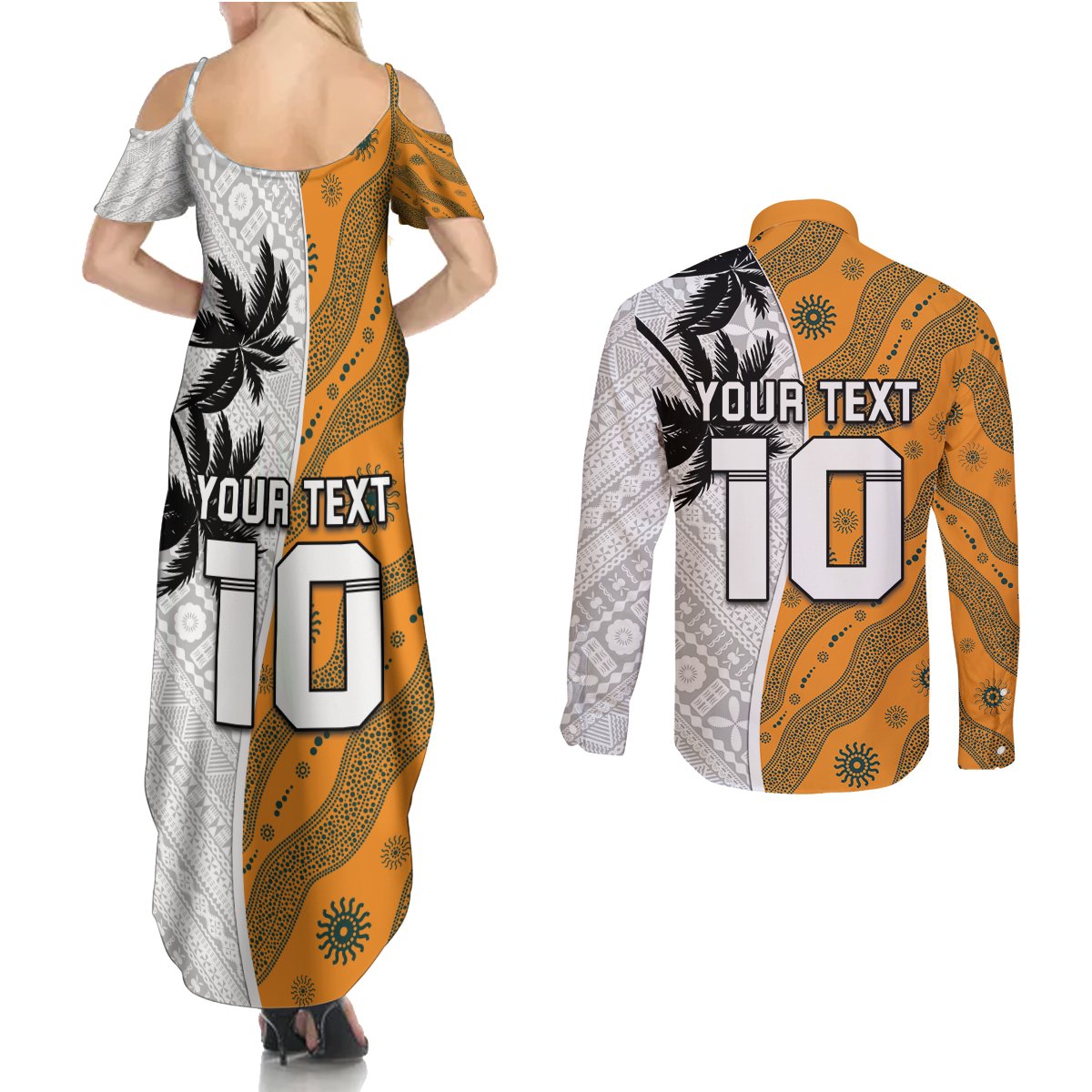 Custom Fiji and Australia Rugby Couples Matching Summer Maxi Dress and Long Sleeve Button Shirt Tapa Mix Aboriginal Pattern Half Style