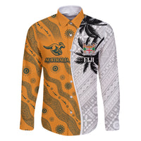 Custom Fiji and Australia Rugby Family Matching Off The Shoulder Long Sleeve Dress and Hawaiian Shirt Tapa Mix Aboriginal Pattern Half Style LT03 Dad's Shirt - Long Sleeve White - Polynesian Pride