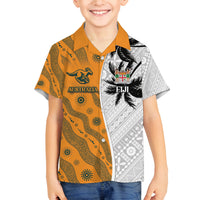 Custom Fiji and Australia Rugby Family Matching Off The Shoulder Long Sleeve Dress and Hawaiian Shirt Tapa Mix Aboriginal Pattern Half Style LT03 Son's Shirt White - Polynesian Pride