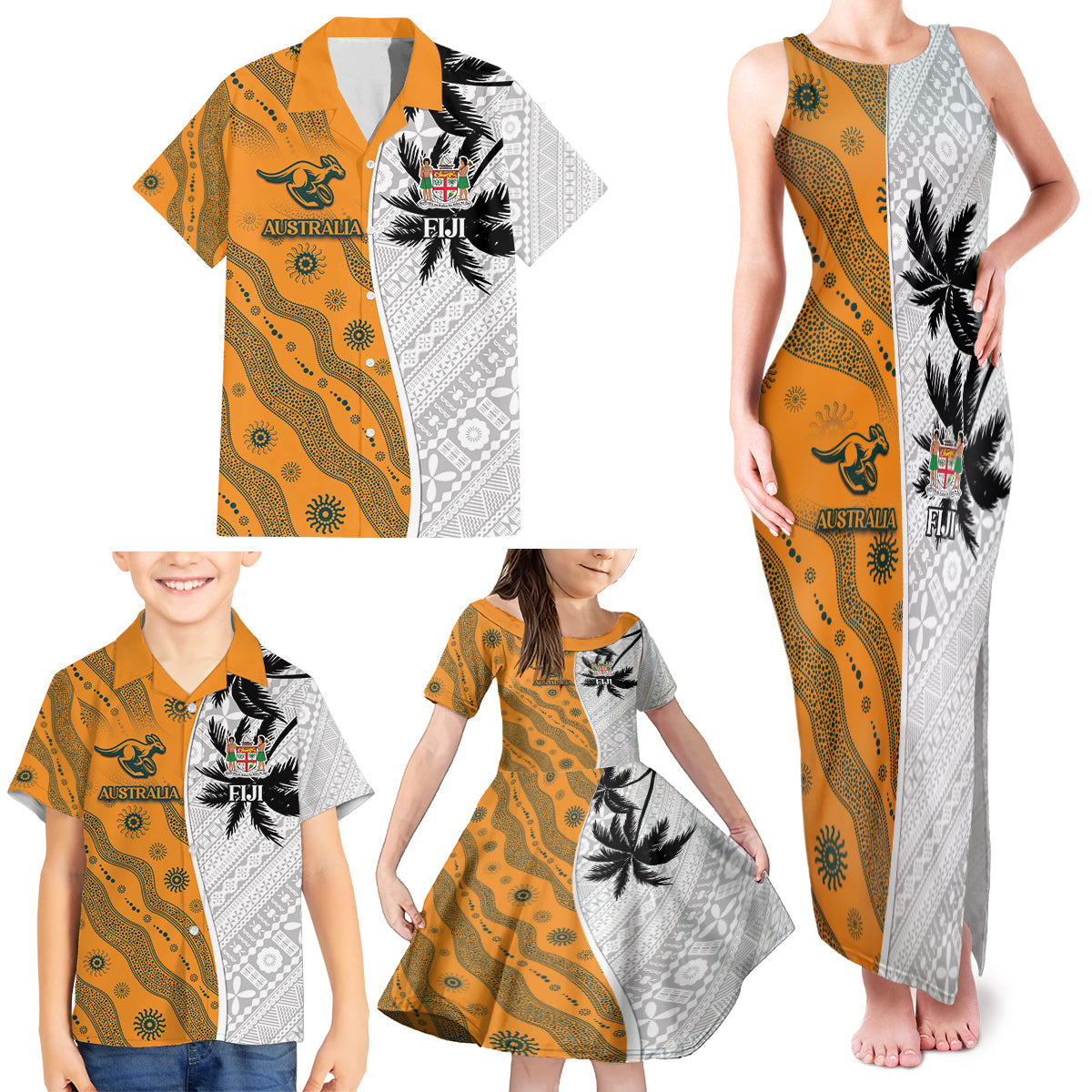 Custom Fiji and Australia Rugby Family Matching Tank Maxi Dress and Hawaiian Shirt Tapa Mix Aboriginal Pattern Half Style LT03 - Polynesian Pride