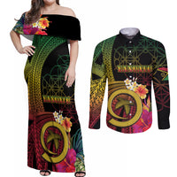 Vanuatu Independence Day Couples Matching Off Shoulder Maxi Dress and Long Sleeve Button Shirt Sand Drawing Melanesian Vibes