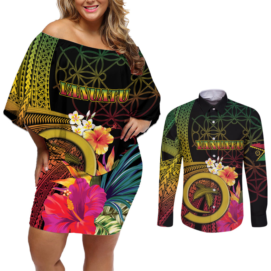 Vanuatu Independence Day Couples Matching Off Shoulder Short Dress and Long Sleeve Button Shirt Sand Drawing Melanesian Vibes