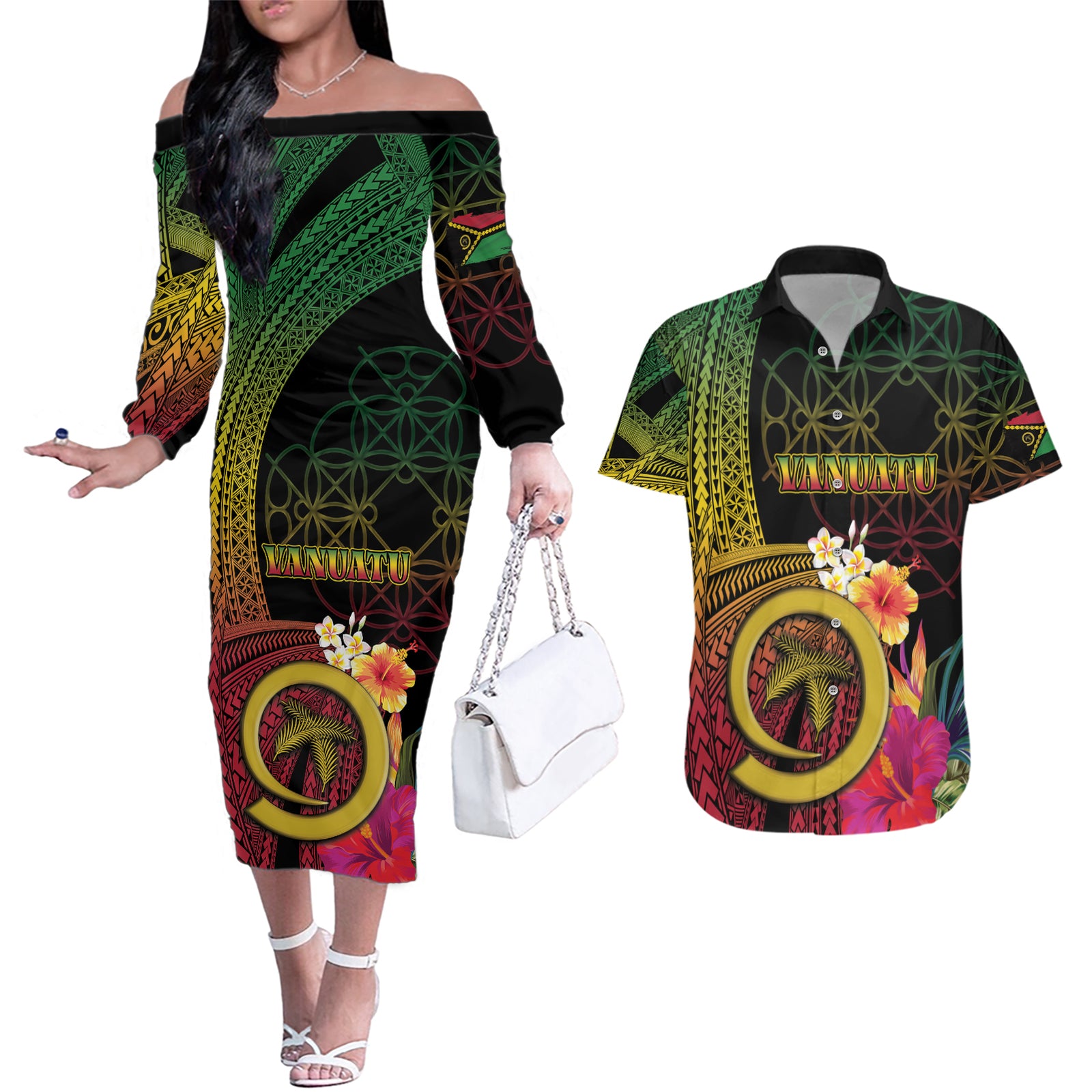 Vanuatu Independence Day Couples Matching Off The Shoulder Long Sleeve Dress and Hawaiian Shirt Sand Drawing Melanesian Vibes