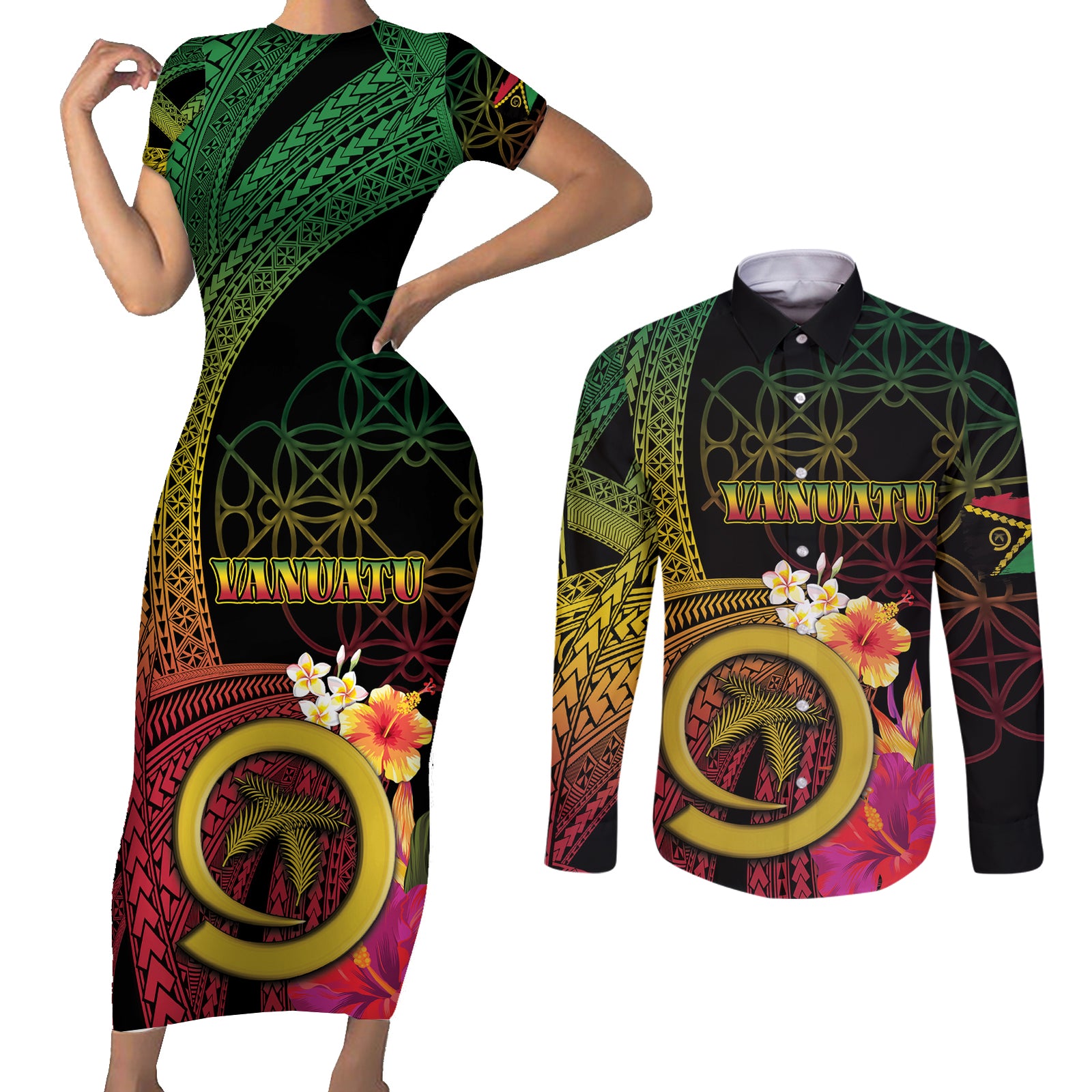 Vanuatu Independence Day Couples Matching Short Sleeve Bodycon Dress and Long Sleeve Button Shirt Sand Drawing Melanesian Vibes