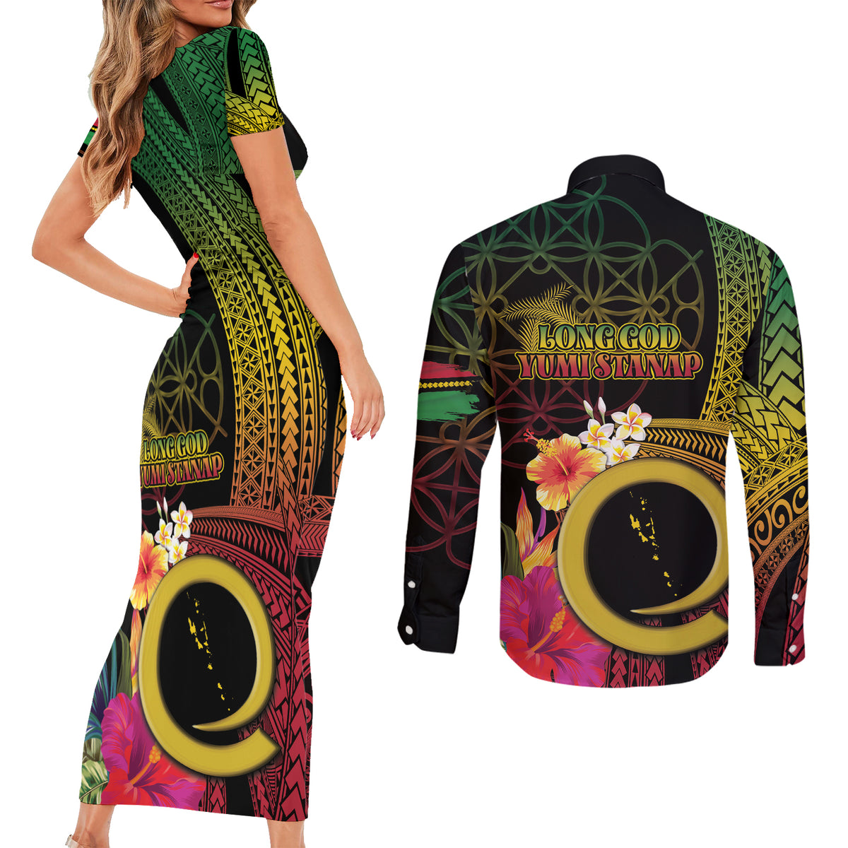 Vanuatu Independence Day Couples Matching Short Sleeve Bodycon Dress and Long Sleeve Button Shirt Sand Drawing Melanesian Vibes