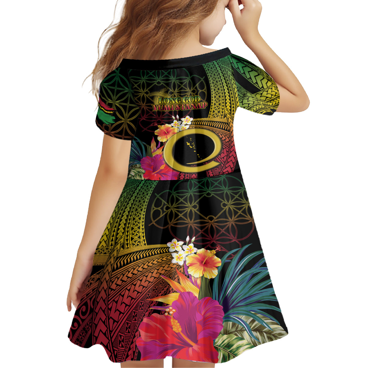 Vanuatu Independence Day Family Matching Off The Shoulder Long Sleeve Dress and Hawaiian Shirt Sand Drawing Melanesian Vibes LT03 - Polynesian Pride