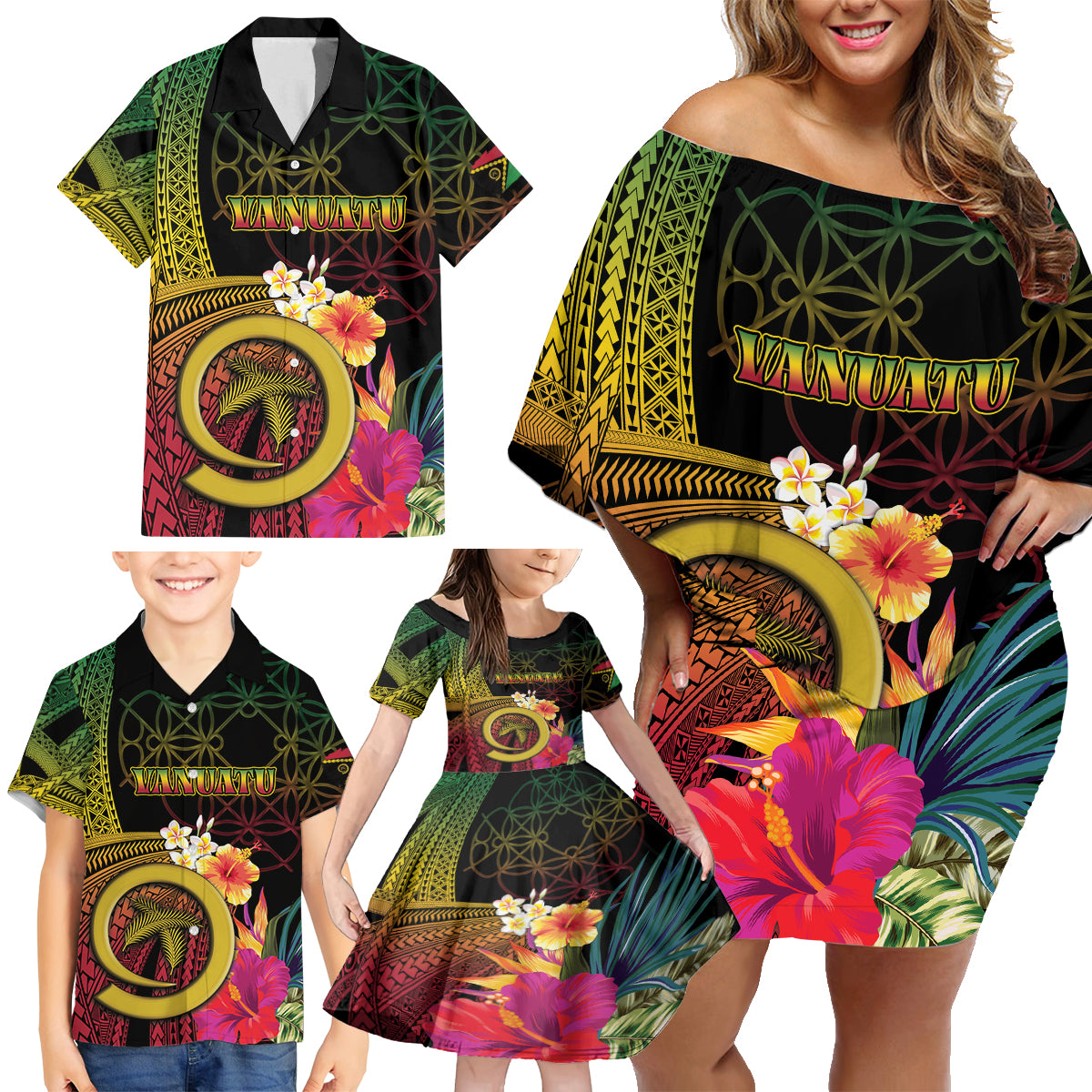 Vanuatu Independence Day Family Matching Off Shoulder Short Dress and Hawaiian Shirt Sand Drawing Melanesian Vibes LT03 - Polynesian Pride