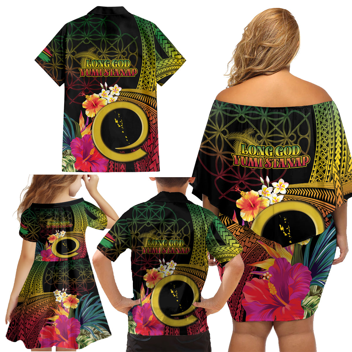Vanuatu Independence Day Family Matching Off Shoulder Short Dress and Hawaiian Shirt Sand Drawing Melanesian Vibes LT03 - Polynesian Pride
