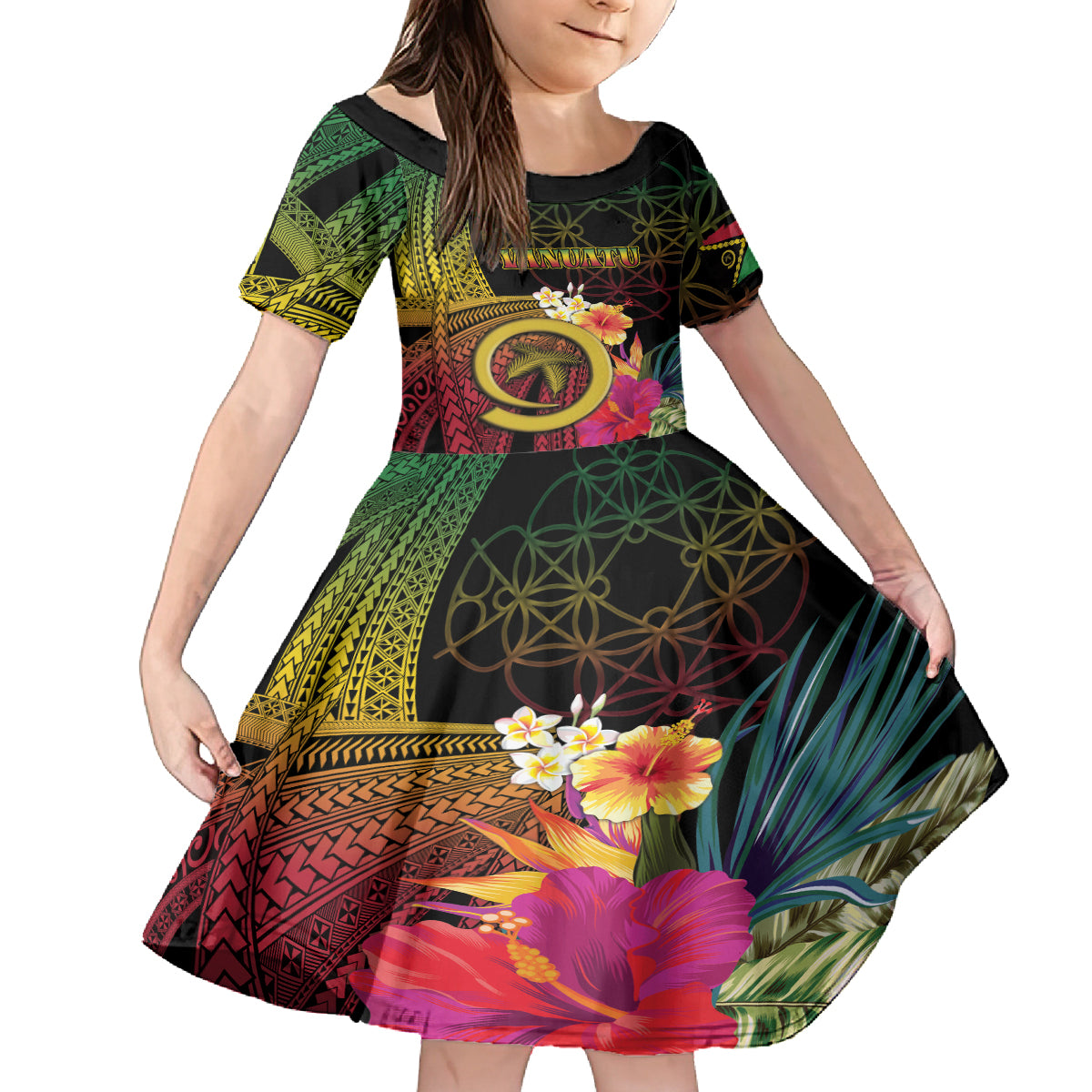 Vanuatu Independence Day Family Matching Tank Maxi Dress and Hawaiian Shirt Sand Drawing Melanesian Vibes LT03 Daughter's Dress Black - Polynesian Pride