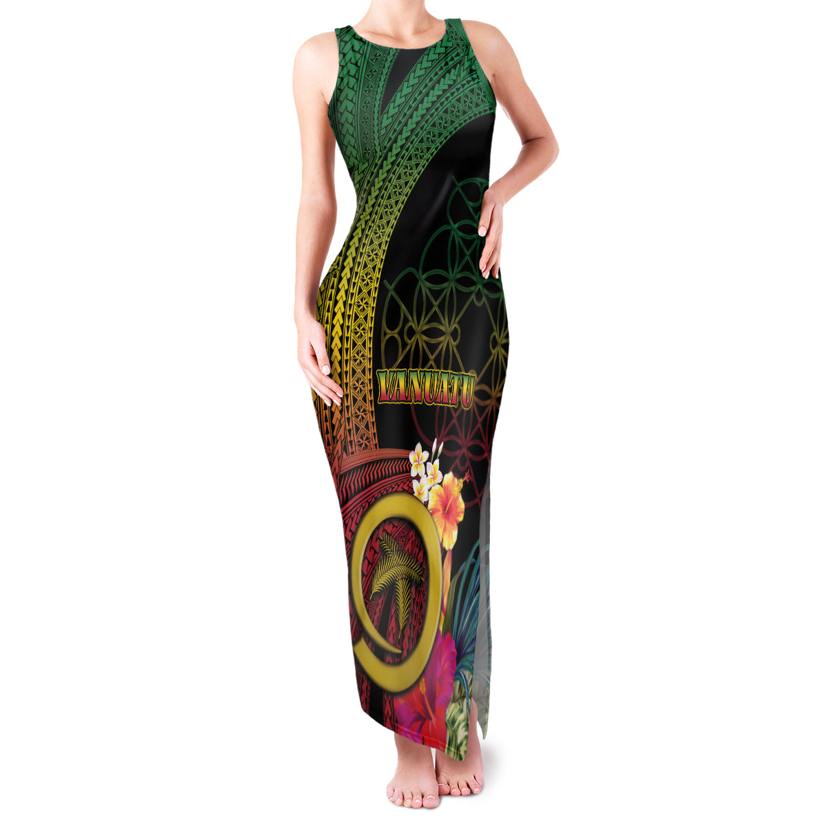 Vanuatu Independence Day Family Matching Tank Maxi Dress and Hawaiian Shirt Sand Drawing Melanesian Vibes LT03 Mom's Dress Black - Polynesian Pride
