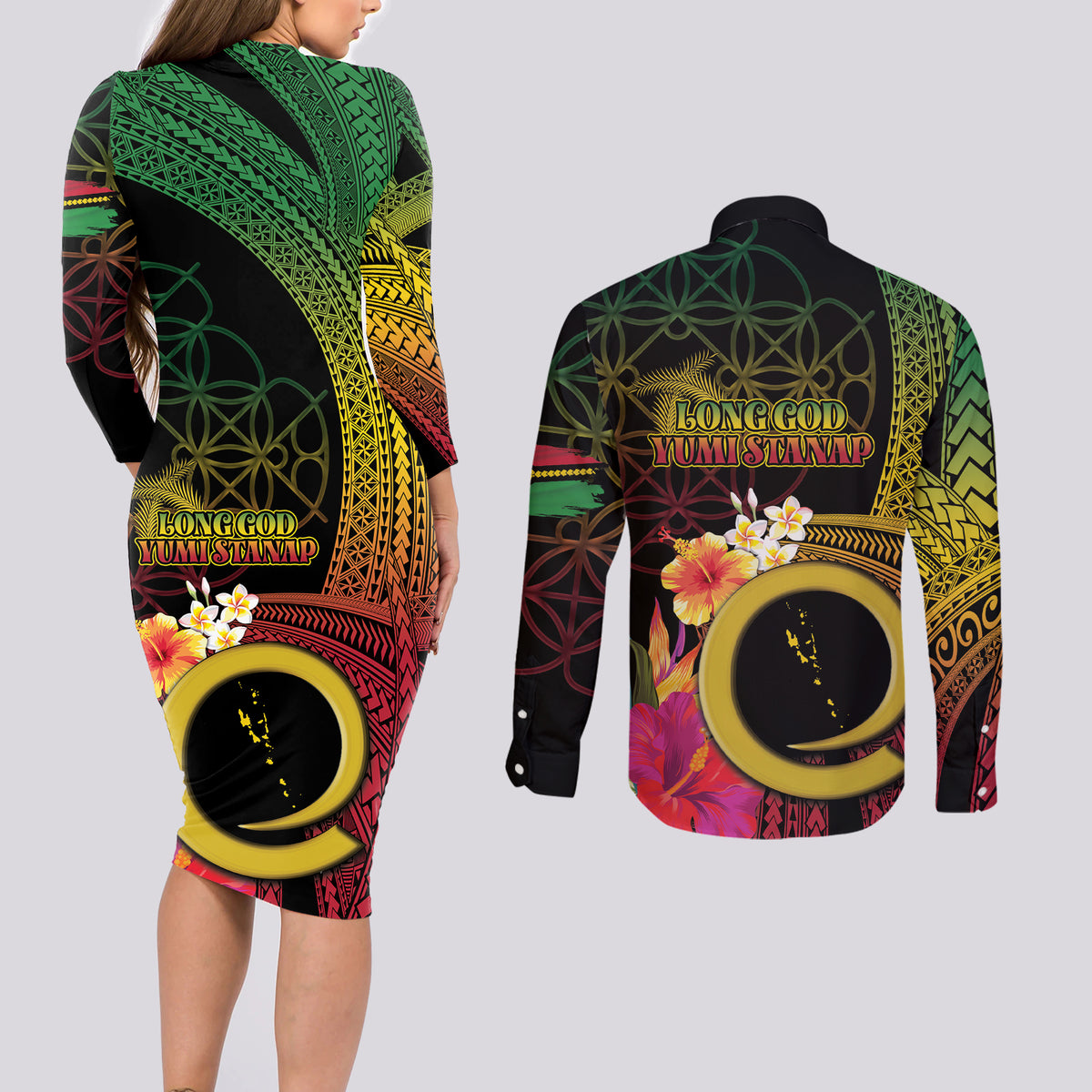 Vanuatu Selebretem 44th Indipendens Dei Couples Matching Long Sleeve Bodycon Dress and Long Sleeve Button Shirt Sand Drawing Melanesian Vibes