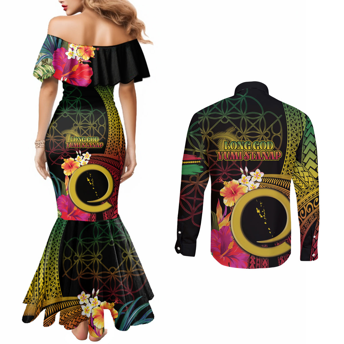 Vanuatu Selebretem 44th Indipendens Dei Couples Matching Mermaid Dress and Long Sleeve Button Shirt Sand Drawing Melanesian Vibes