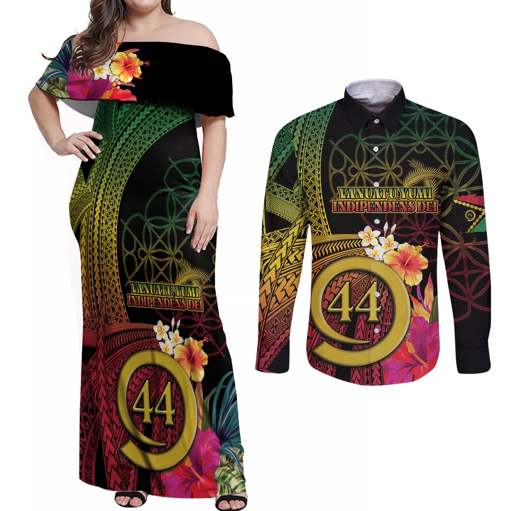 Vanuatu Selebretem 44th Indipendens Dei Couples Matching Off Shoulder Maxi Dress and Long Sleeve Button Shirt Sand Drawing Melanesian Vibes