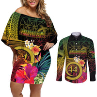 Vanuatu Selebretem 44th Indipendens Dei Couples Matching Off Shoulder Short Dress and Long Sleeve Button Shirt Sand Drawing Melanesian Vibes