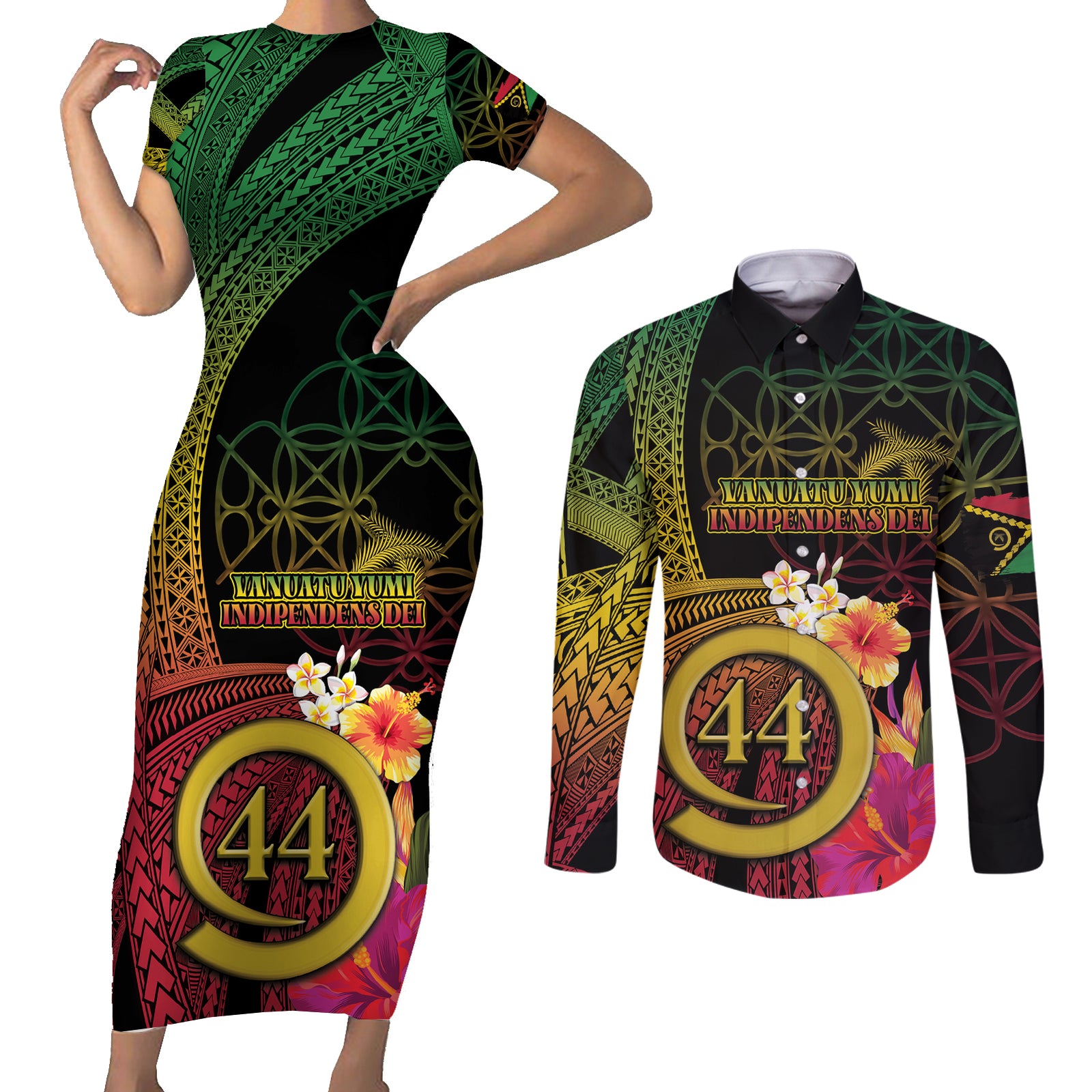 Vanuatu Selebretem 44th Indipendens Dei Couples Matching Short Sleeve Bodycon Dress and Long Sleeve Button Shirt Sand Drawing Melanesian Vibes