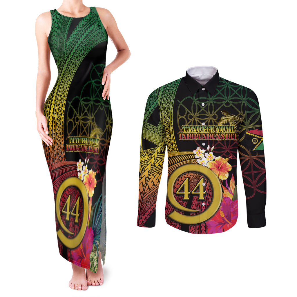 Vanuatu Selebretem 44th Indipendens Dei Couples Matching Tank Maxi Dress and Long Sleeve Button Shirt Sand Drawing Melanesian Vibes