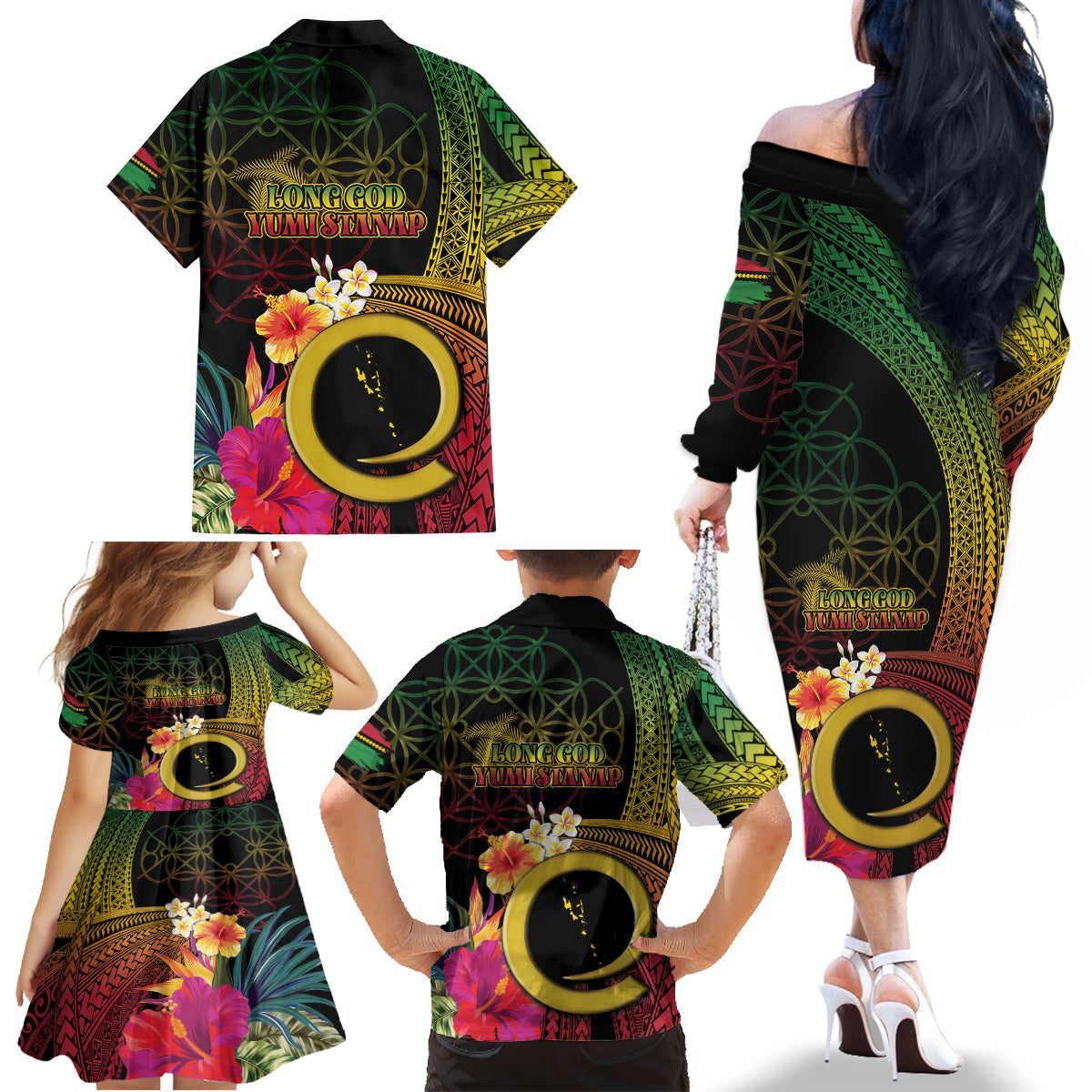 Vanuatu Selebretem 44th Indipendens Dei Family Matching Off The Shoulder Long Sleeve Dress and Hawaiian Shirt Sand Drawing Melanesian Vibes LT03 - Polynesian Pride