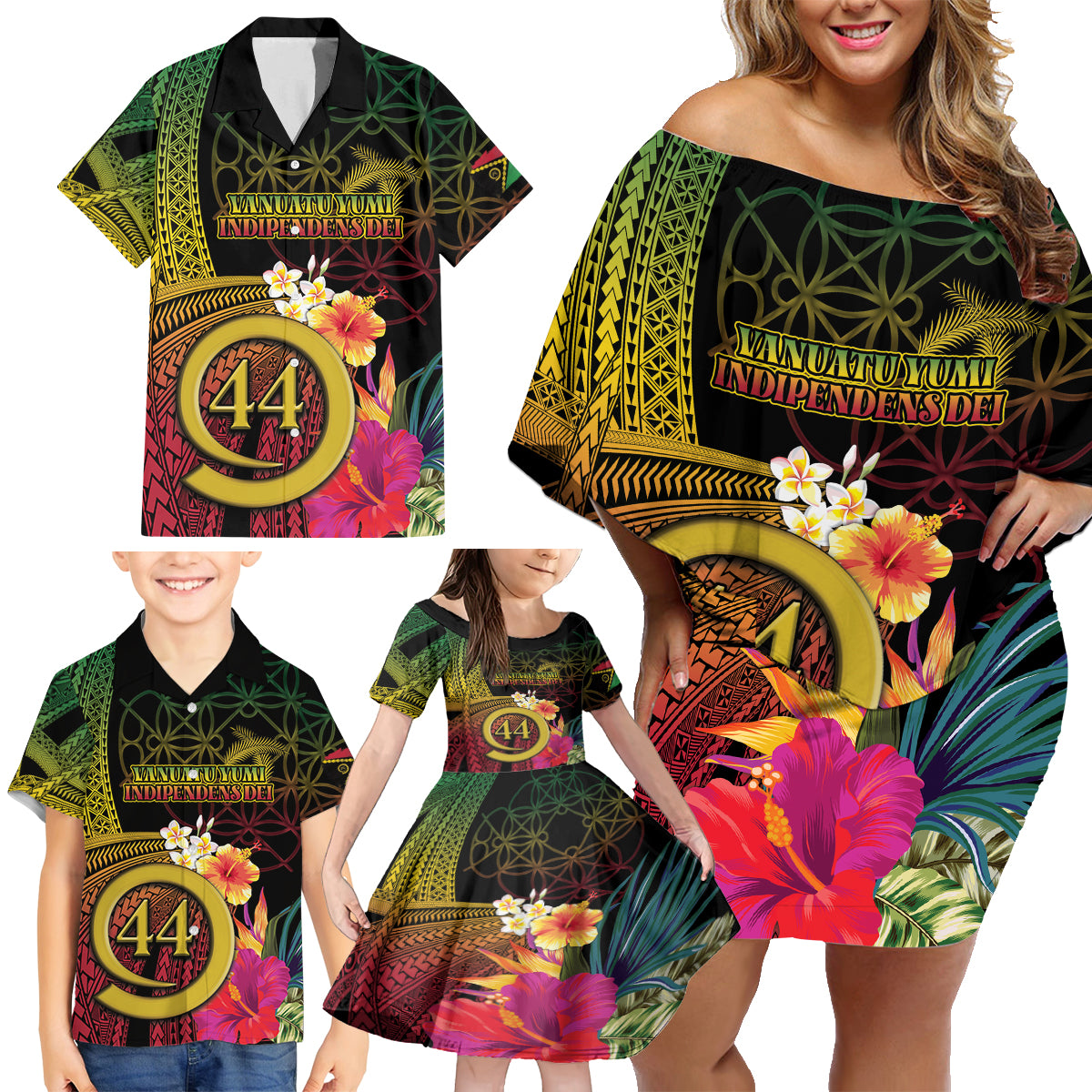 Vanuatu Selebretem 44th Indipendens Dei Family Matching Off Shoulder Short Dress and Hawaiian Shirt Sand Drawing Melanesian Vibes LT03 - Polynesian Pride