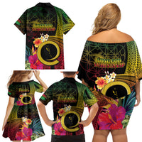 Vanuatu Selebretem 44th Indipendens Dei Family Matching Off Shoulder Short Dress and Hawaiian Shirt Sand Drawing Melanesian Vibes LT03 - Polynesian Pride