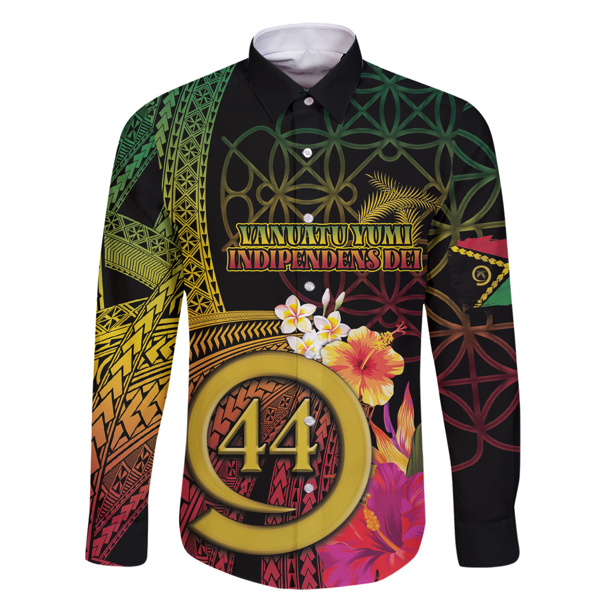 Vanuatu Selebretem 44th Indipendens Dei Family Matching Off Shoulder Short Dress and Hawaiian Shirt Sand Drawing Melanesian Vibes LT03 Dad's Shirt - Long Sleeve Black - Polynesian Pride
