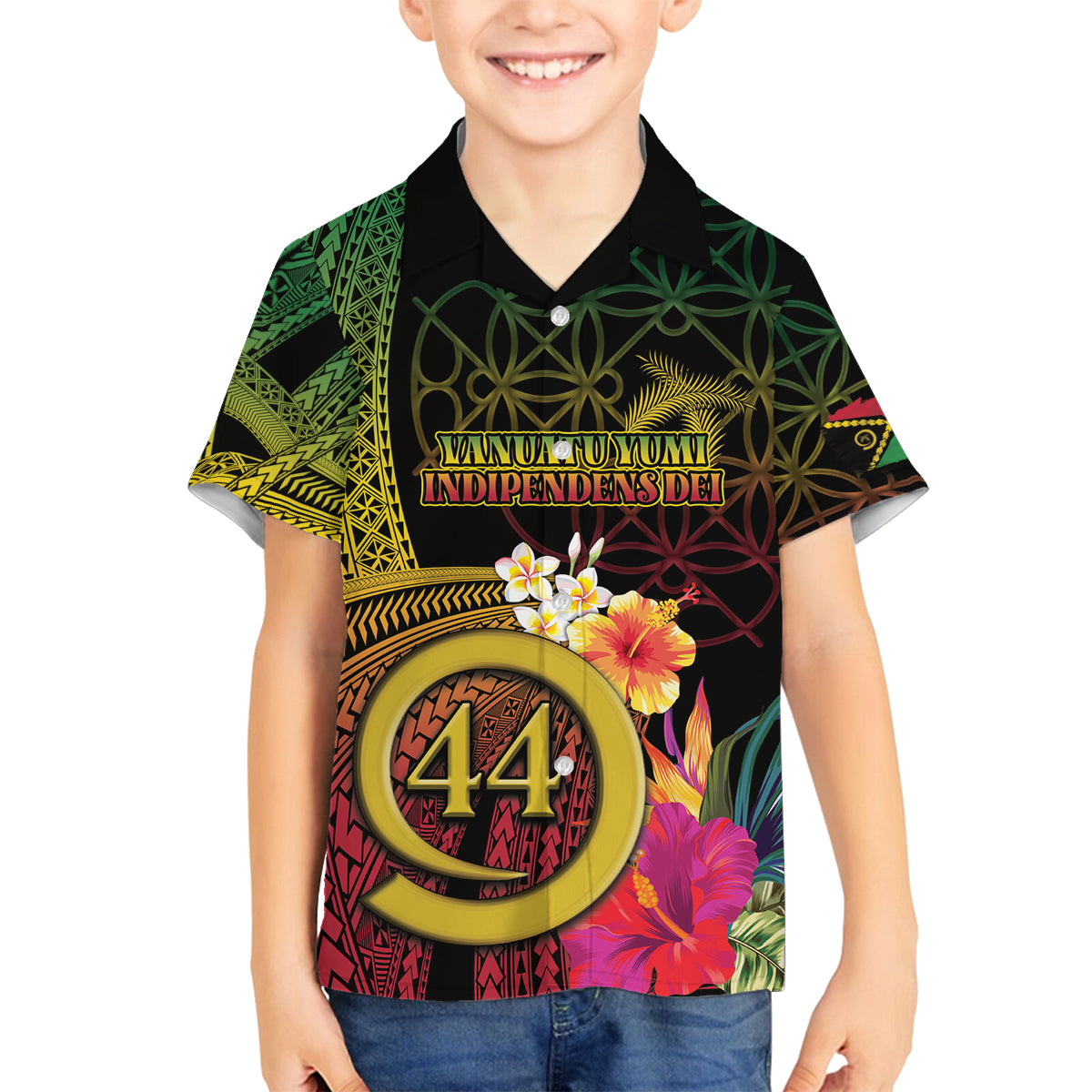 Vanuatu Selebretem 44th Indipendens Dei Family Matching Off Shoulder Short Dress and Hawaiian Shirt Sand Drawing Melanesian Vibes LT03 Son's Shirt Black - Polynesian Pride