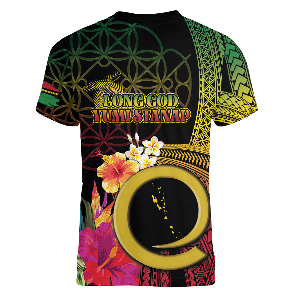 Vanuatu Selebretem 44th Indipendens Dei Women V-Neck T-Shirt Sand Drawing Melanesian Vibes