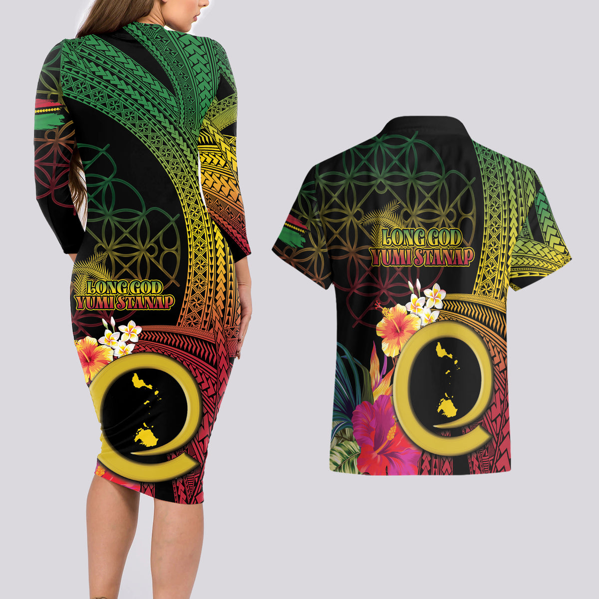 Vanuatu Shefa Day Couples Matching Long Sleeve Bodycon Dress and Hawaiian Shirt Sand Drawing Melanesian
