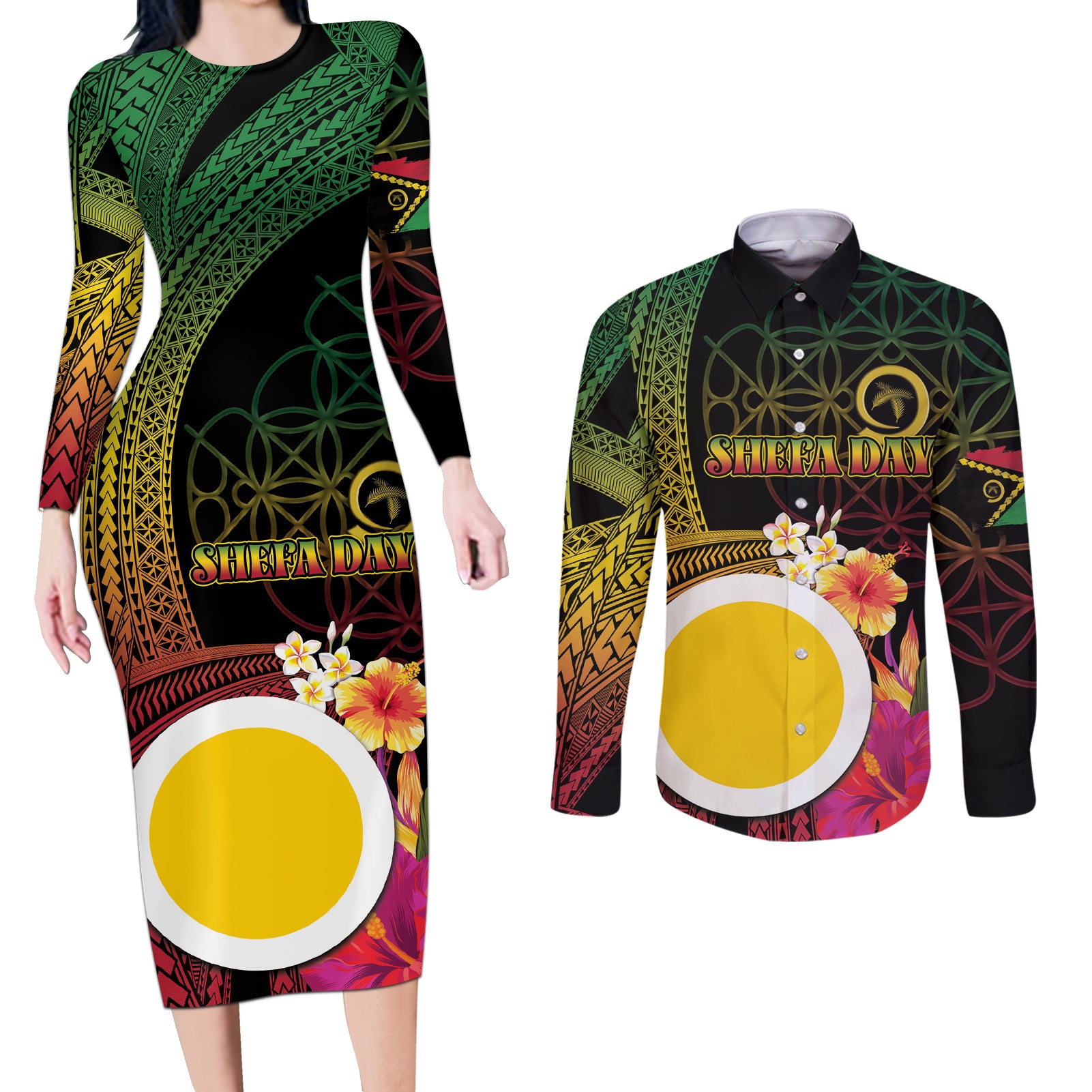 Vanuatu Shefa Day Couples Matching Long Sleeve Bodycon Dress and Long Sleeve Button Shirt Sand Drawing Melanesian