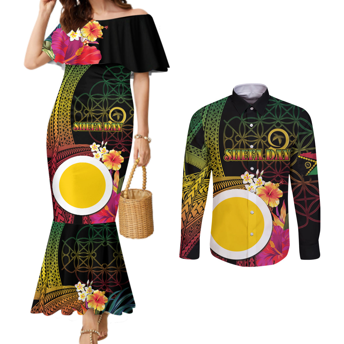 Vanuatu Shefa Day Couples Matching Mermaid Dress and Long Sleeve Button Shirt Sand Drawing Melanesian
