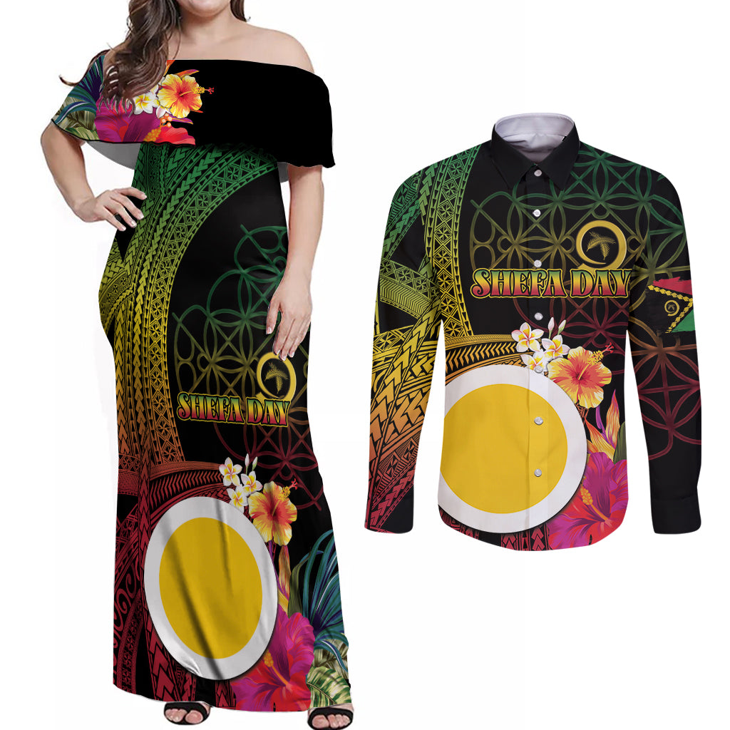 Vanuatu Shefa Day Couples Matching Off Shoulder Maxi Dress and Long Sleeve Button Shirt Sand Drawing Melanesian