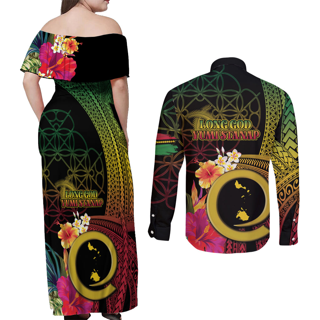 Vanuatu Shefa Day Couples Matching Off Shoulder Maxi Dress and Long Sleeve Button Shirt Sand Drawing Melanesian