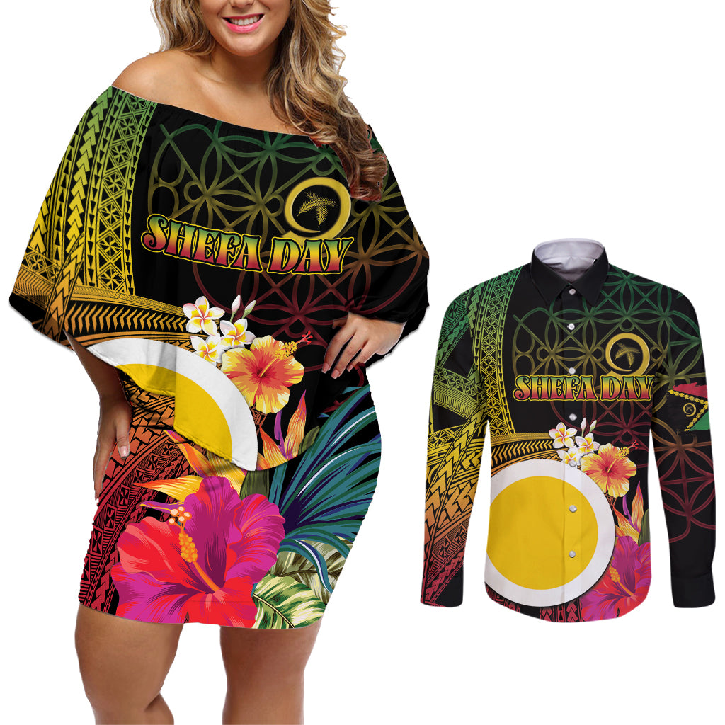 Vanuatu Shefa Day Couples Matching Off Shoulder Short Dress and Long Sleeve Button Shirt Sand Drawing Melanesian