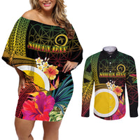 Vanuatu Shefa Day Couples Matching Off Shoulder Short Dress and Long Sleeve Button Shirt Sand Drawing Melanesian