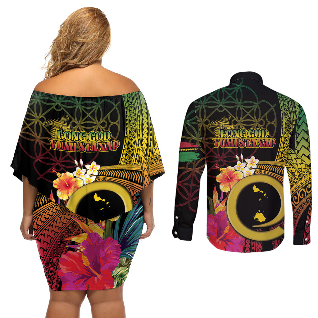Vanuatu Shefa Day Couples Matching Off Shoulder Short Dress and Long Sleeve Button Shirt Sand Drawing Melanesian