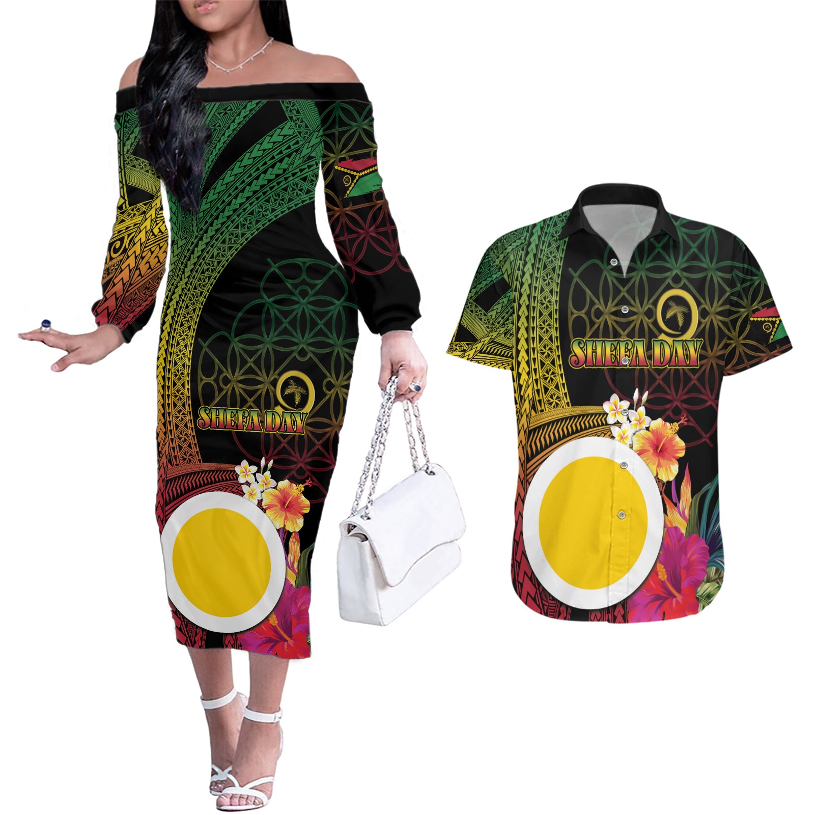 Vanuatu Shefa Day Couples Matching Off The Shoulder Long Sleeve Dress and Hawaiian Shirt Sand Drawing Melanesian
