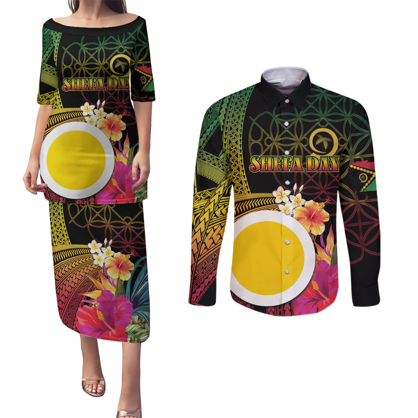 Vanuatu Shefa Day Couples Matching Puletasi and Long Sleeve Button Shirt Sand Drawing Melanesian