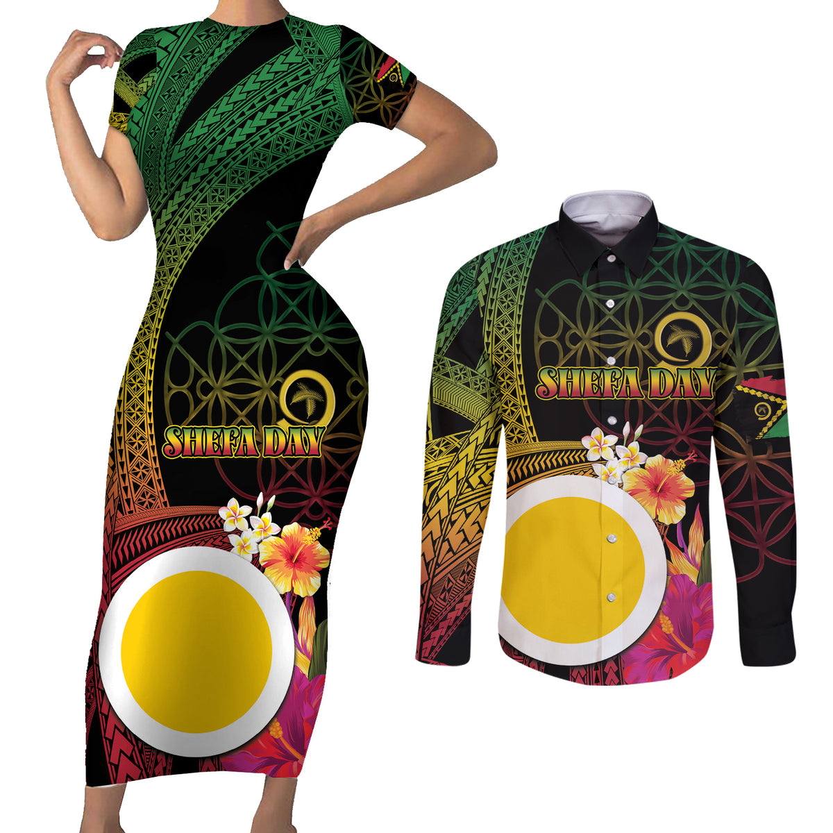 Vanuatu Shefa Day Couples Matching Short Sleeve Bodycon Dress and Long Sleeve Button Shirt Sand Drawing Melanesian