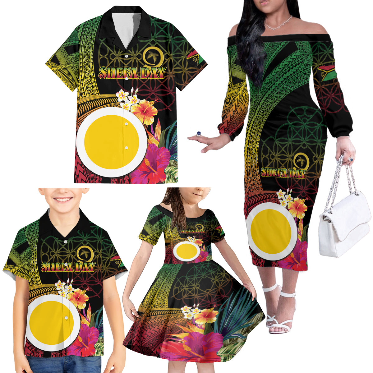 Vanuatu Shefa Day Family Matching Off The Shoulder Long Sleeve Dress and Hawaiian Shirt Sand Drawing Melanesian