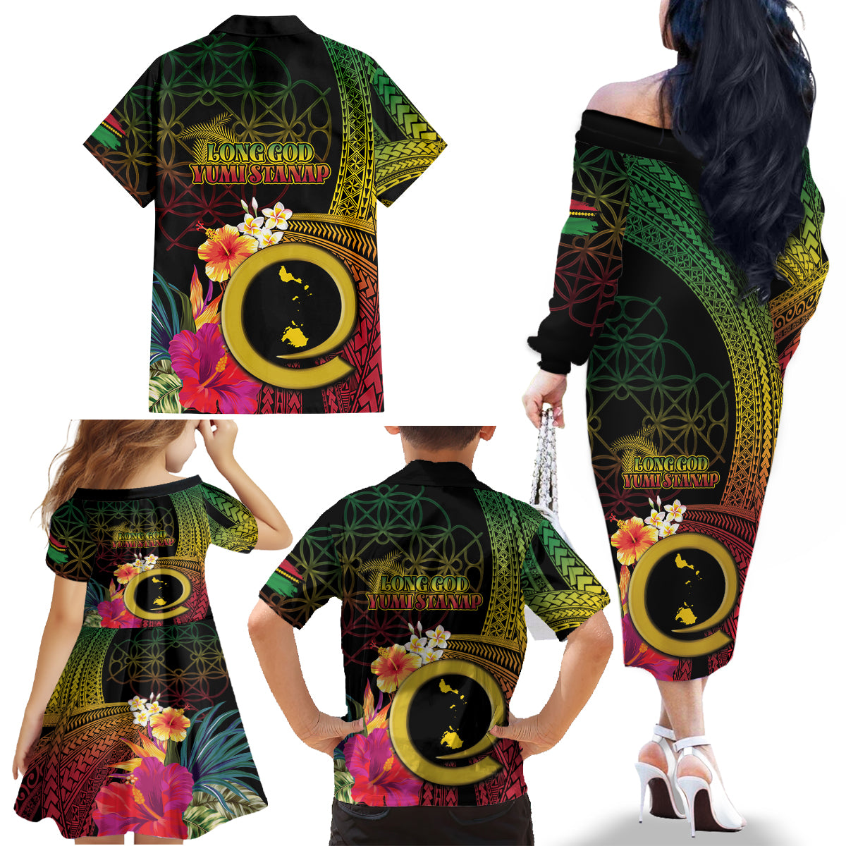 Vanuatu Shefa Day Family Matching Off The Shoulder Long Sleeve Dress and Hawaiian Shirt Sand Drawing Melanesian LT03 - Polynesian Pride
