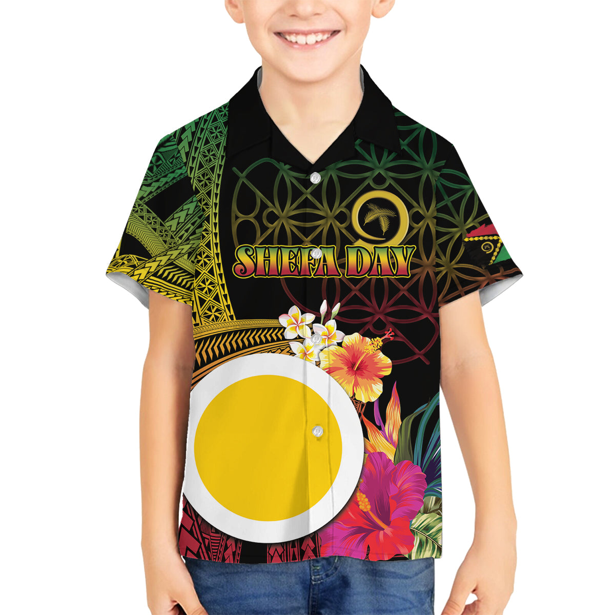 Vanuatu Shefa Day Family Matching Off The Shoulder Long Sleeve Dress and Hawaiian Shirt Sand Drawing Melanesian LT03 Son's Shirt Black - Polynesian Pride