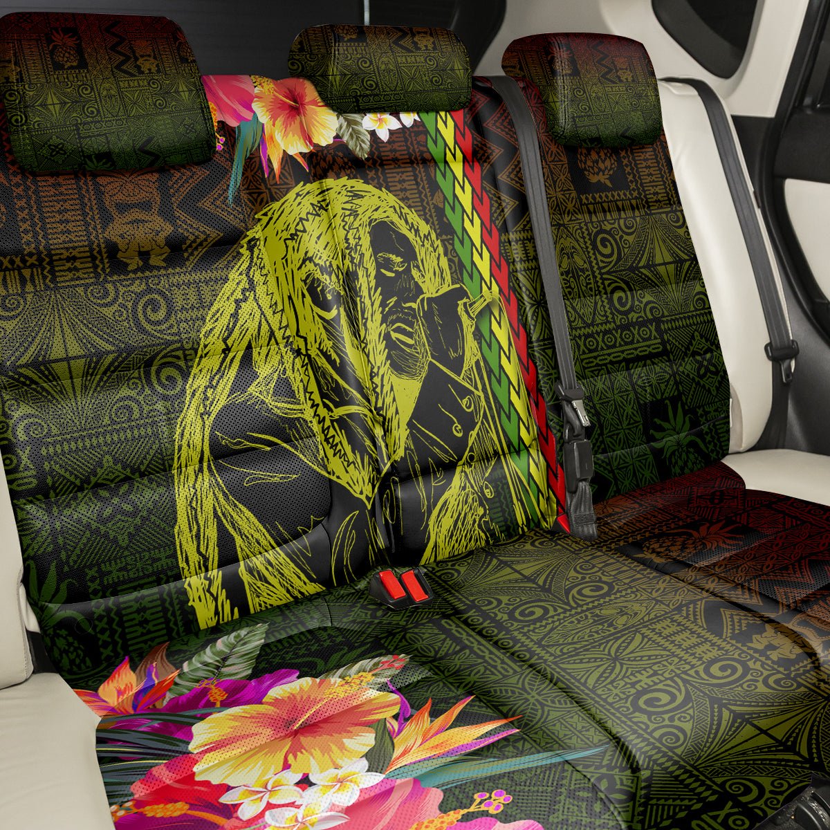 Hawaiian Reggae Music Back Car Seat Cover Jamaica Singer Tribal Polynesian and Hibiscus